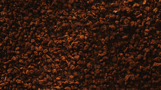 A close-up view of dried Chaga mushroom chunks, showcasing their rough, dark brown, and textured surface. Chaga is a functional mushroom known for its antioxidant and immune-supporting properties.