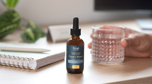 Lion's Mane tincture next to a glass.