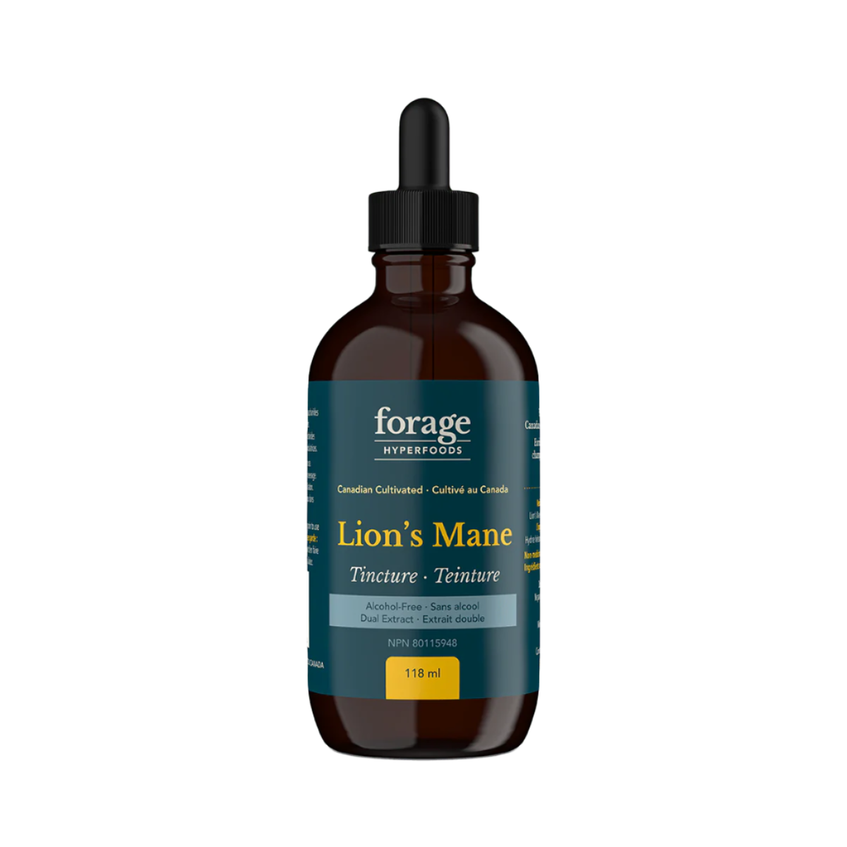 A dark glass bottle of Forage Hyperfoods Lion's Mane tincture in the alcohol-free format. The mushrooms are cultivated in Canada.