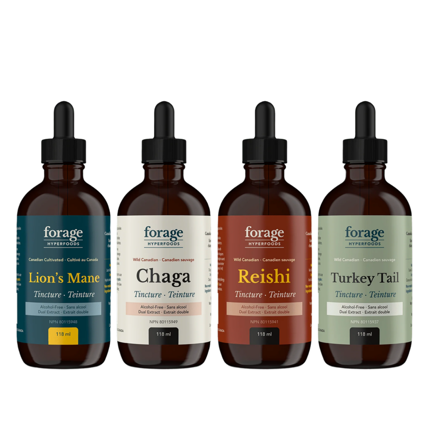 The Forager Set in the Alcohol-Free Format. It includes 4 bottles and tinctures- Chaga, Reishi, Turkey Tail and Lion’s Mane. They’re in a 118 ml format.