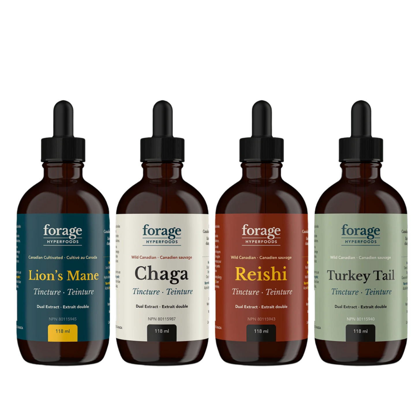The Forager Set in the Original Format. It includes 4 bottles and tinctures- Chaga, Reishi, Turkey Tail and Lion’s Mane. They’re in a 118 ml format.