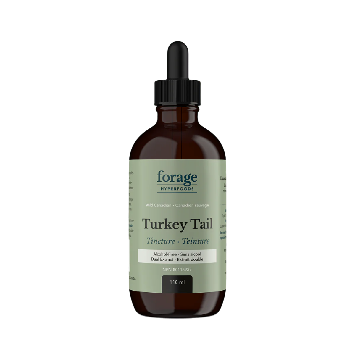 A dark glass bottle of Forage Hyperfoods Turkey Tail tincture in the Alcohol-Free format.