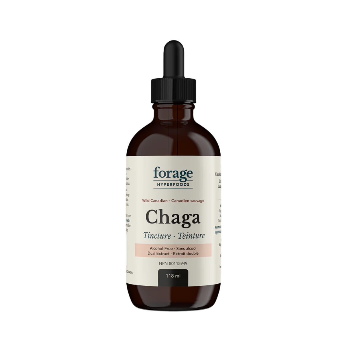 A dark glass bottle of Forage Hyperfoods Chaga tincture in the alcohol-free format.