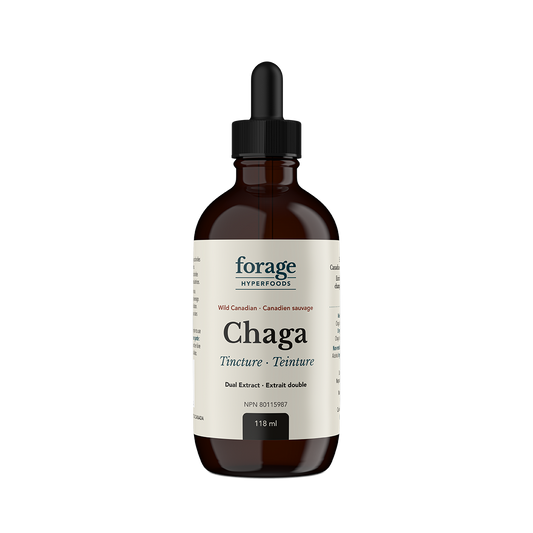 A dark glass bottle of Forage Hyperfoods Chaga tincture in the original format.