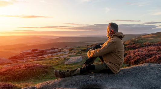 A picture of a man on a rock watching the sunset. 