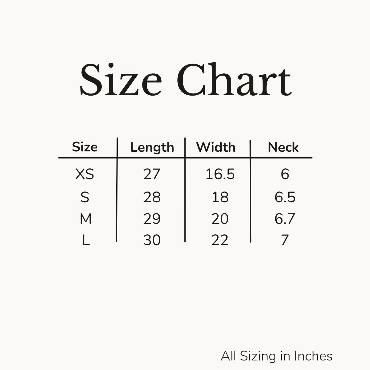 The Forage Hyperfoods shirt sizing chart including XS, S, M, L sizes in length, width and neck size.