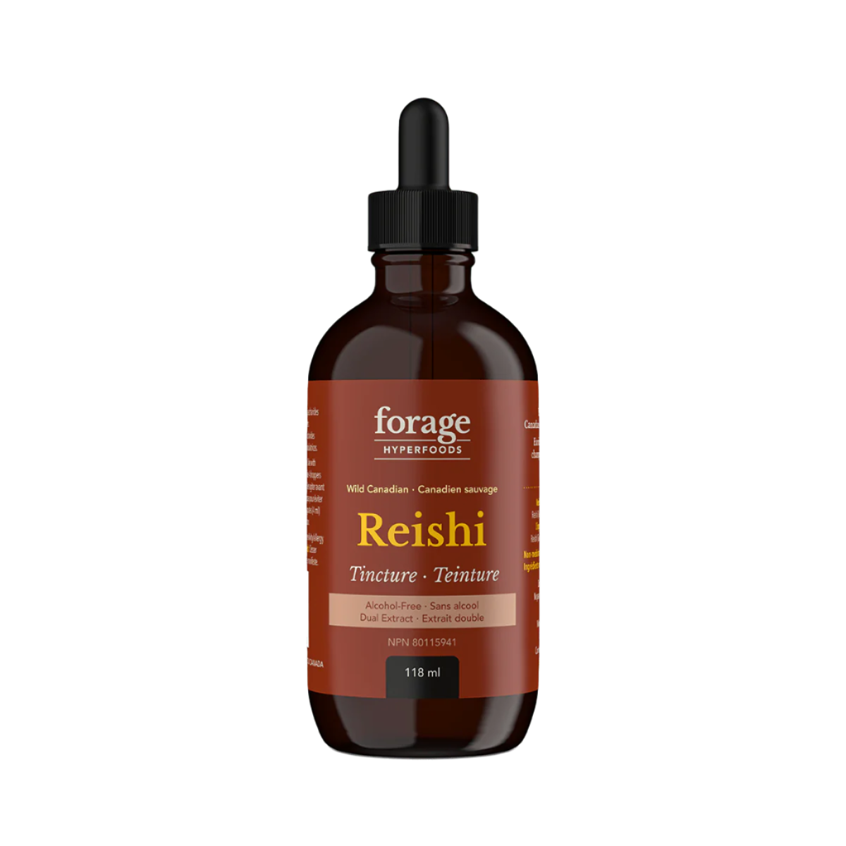 A dark glass bottle of Forage Hyperfoods Reishi tincture in the Alcohol-Free format.