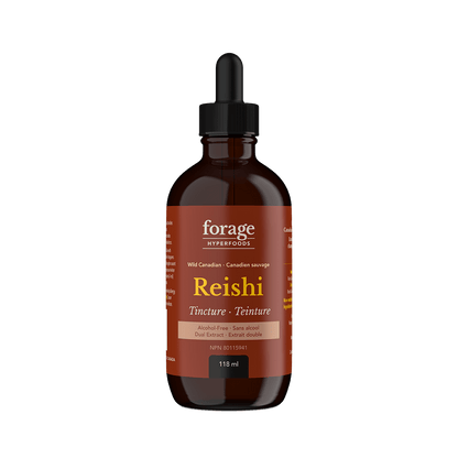 A dark glass bottle of Forage Hyperfoods Reishi tincture in the Alcohol-Free format.