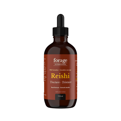 A dark glass bottle of Forage Hyperfoods Reishi tincture in the Original  format.