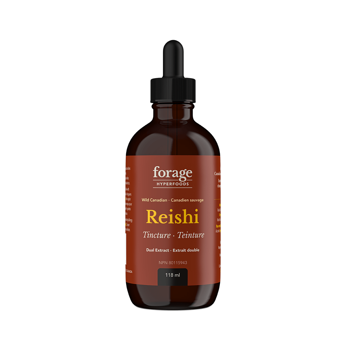 A dark glass bottle of Forage Hyperfoods Reishi tincture in the Original  format.