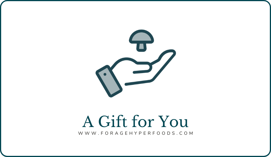 Forage Hyperfoods e-gift card. There is a illustrated depiction of a hand with a floating mushroom. Underneath is written "A gift for you" alongside the URL for the website. 