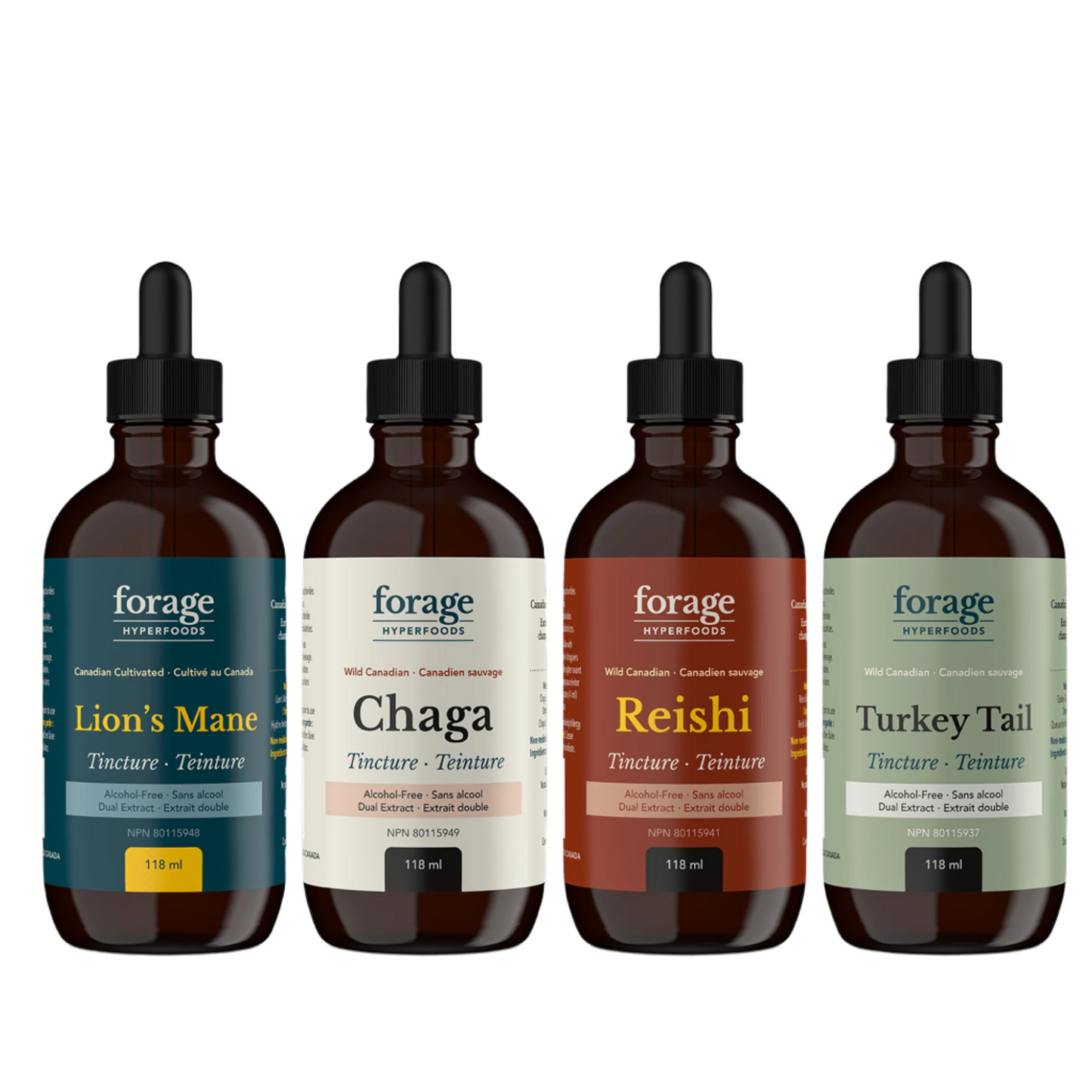 The Forager Set in the Alcohol-Free Format. It includes 4 bottles and tinctures- Chaga, Reishi, Turkey Tail and Lion’s Mane. They’re in a 118 ml format. 