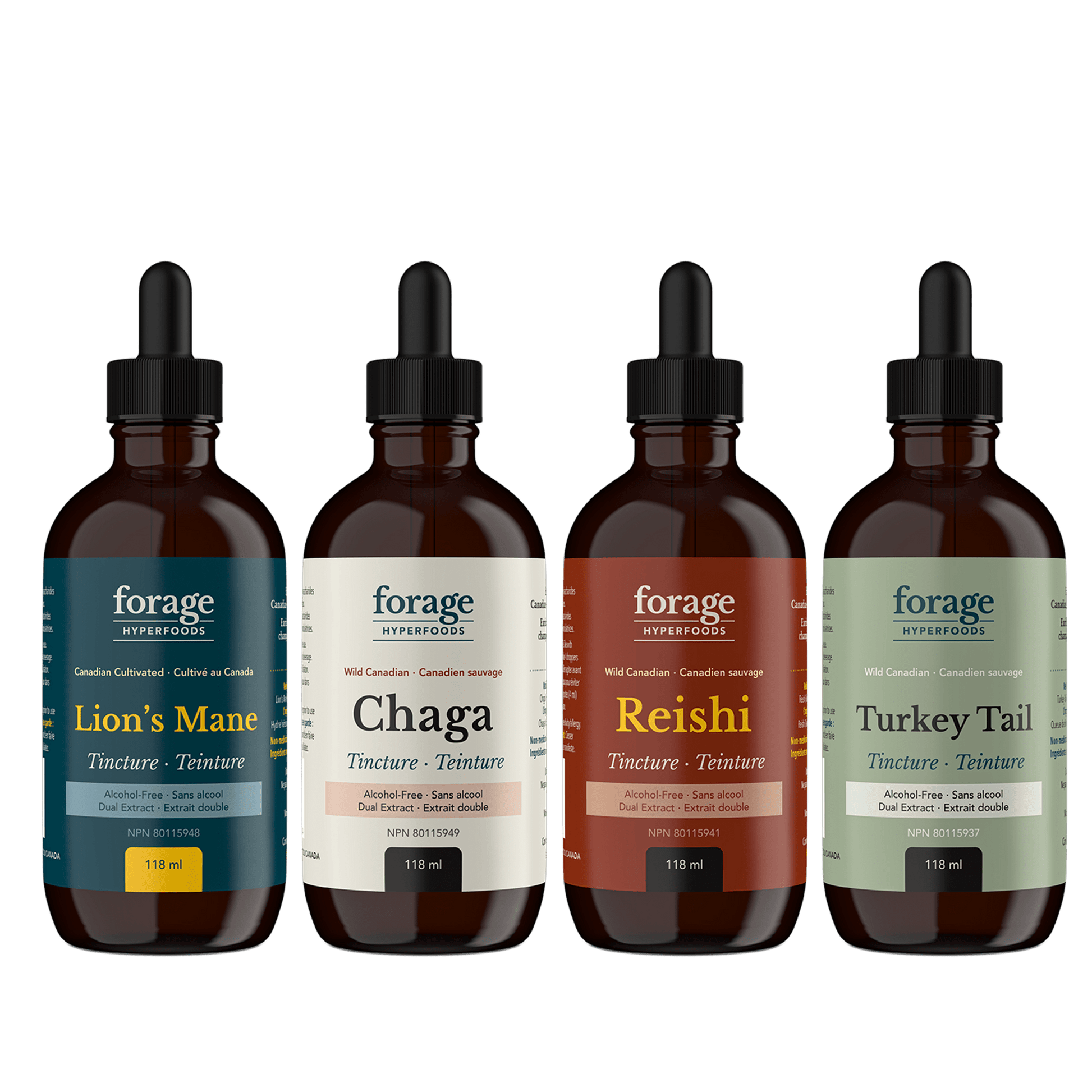 The Forager Set in the Alcohol-Free Format. It includes 4 bottles and tinctures- Chaga, Reishi, Turkey Tail and Lion’s Mane. They’re in a 118 ml format. 
