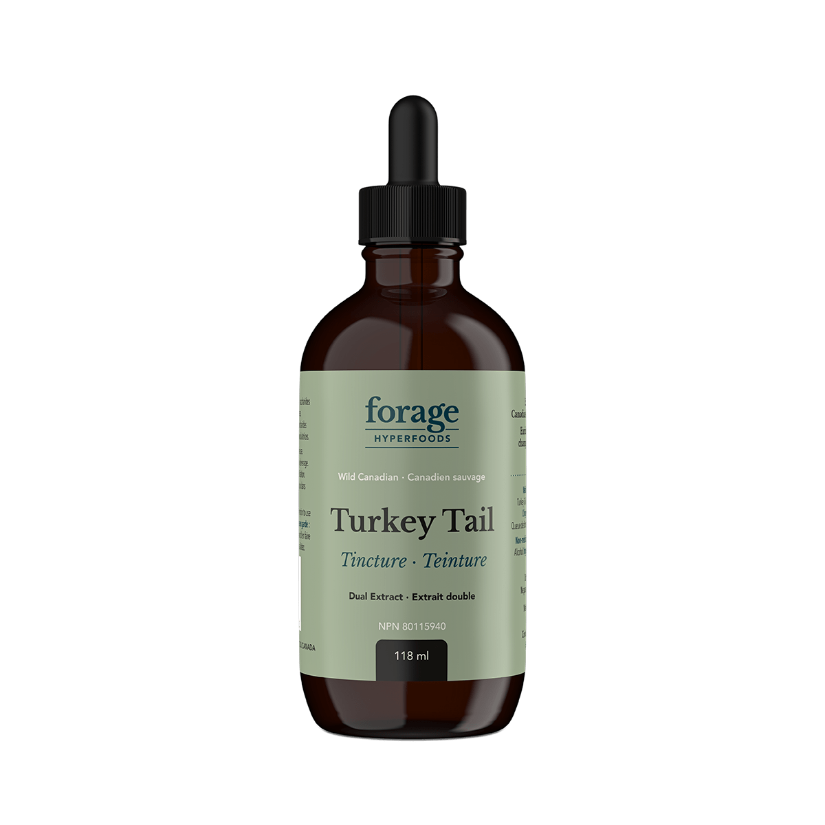 A dark glass bottle of Forage Hyperfoods Turkey Tail tincture in the original format.