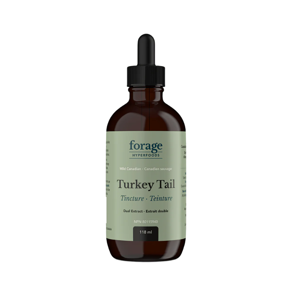 A dark glass bottle of Forage Hyperfoods Turkey Tail tincture in the original format.