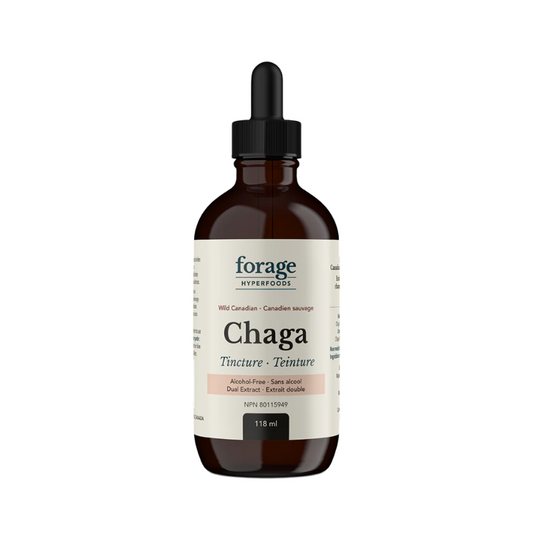 A dark glass bottle of Forage Hyperfoods Chaga tincture in the alcohol-free format.