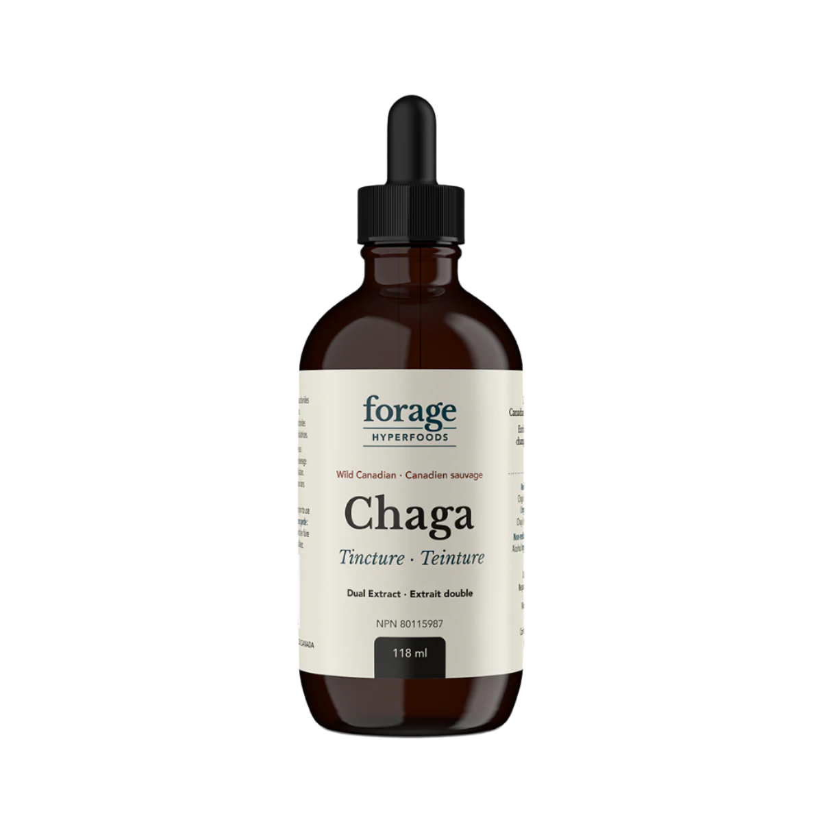 A dark glass bottle of Forage Hyperfoods Chaga tincture in the original format.