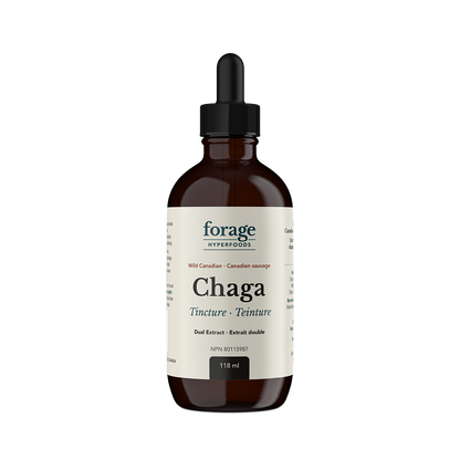 A dark glass bottle of Forage Hyperfoods Chaga tincture in the original format.