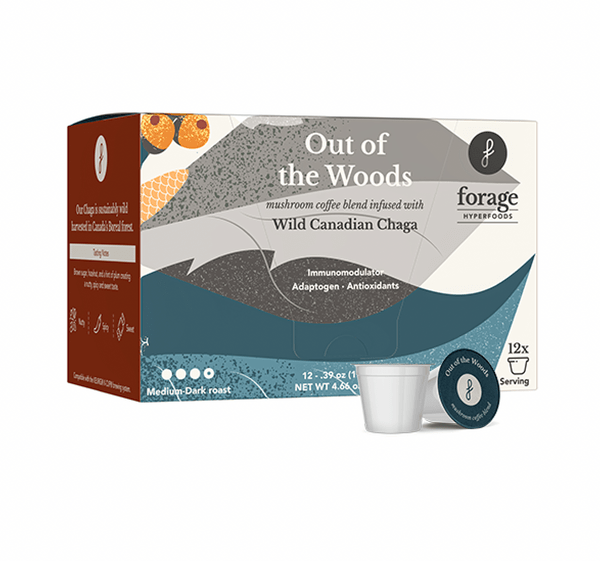 A Keurig compatible box of Out of the Woods Chaga-Infused Coffee from Forage Hyperfoods. It is ground coffee infused with wild Canadian Chaga.