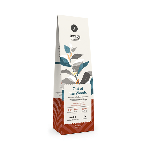 A bag of Out of the Woods Chaga-Infused Coffee from Forage Hyperfoods. It is ground coffee infused with wild Canadian Chaga. 