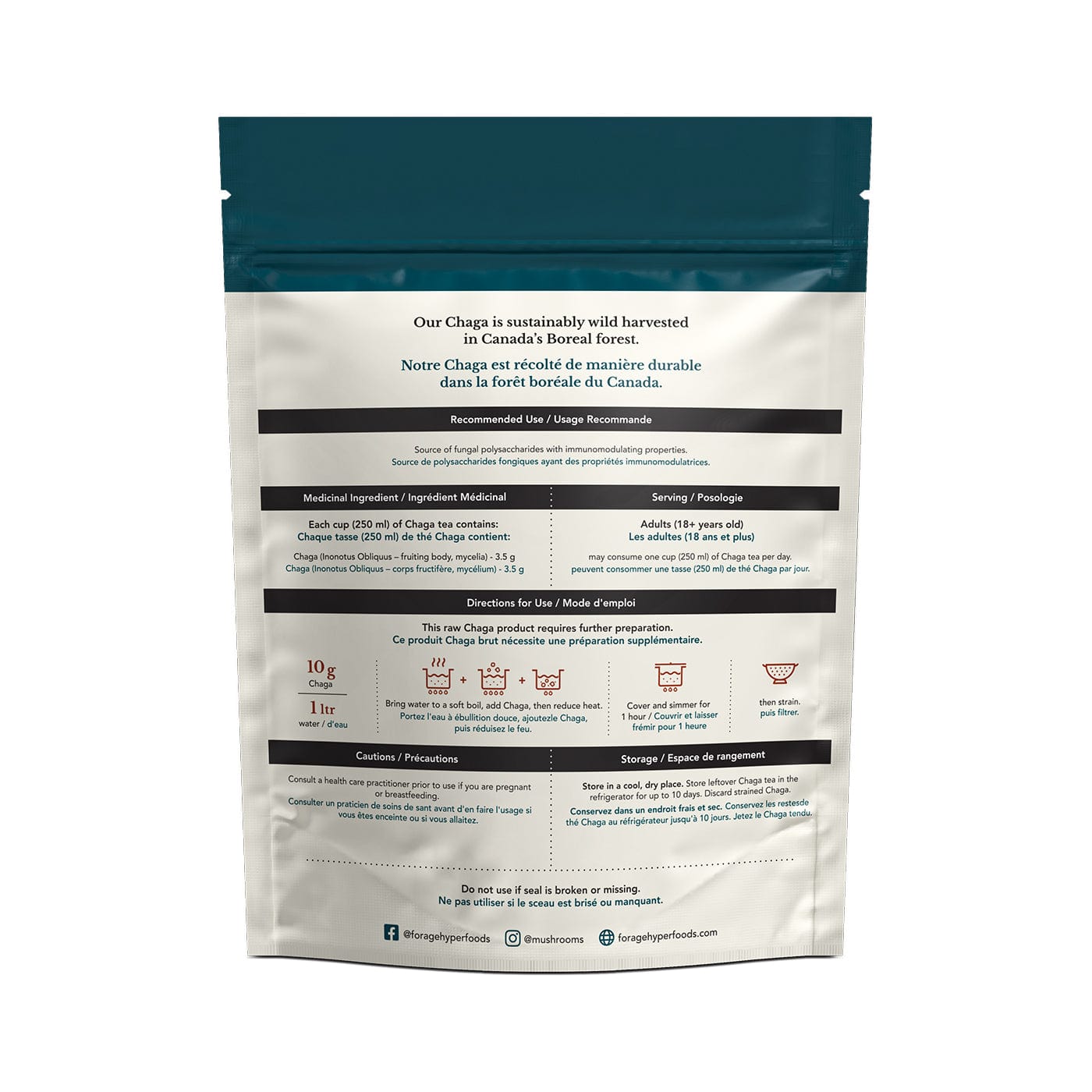 The back of the bag of Canadian Chaga Powder by Forage Hyperfoods. It lists instructions on how to cook, serving sizes, recommended use and a short blurb about how it was harvested.