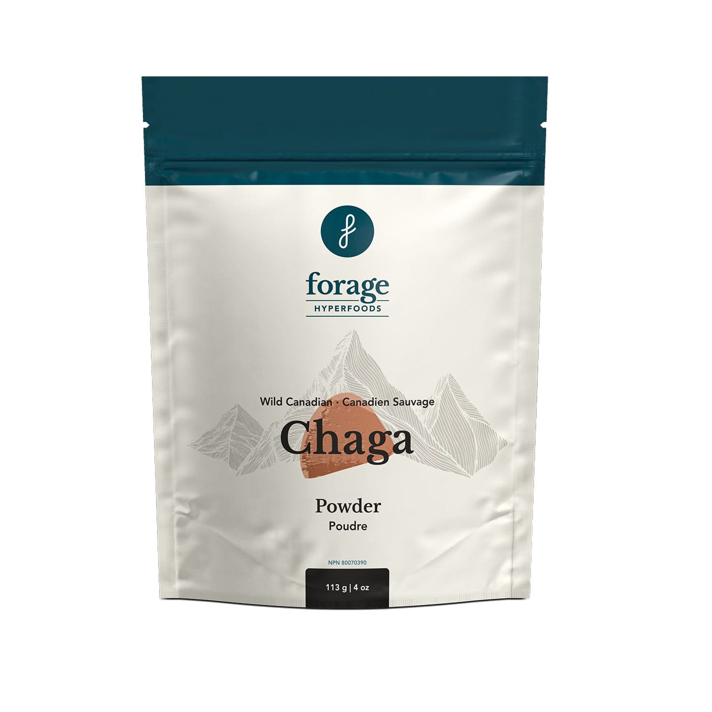 A bag of Canadian Chaga Powder by Forage Hyperfoods.